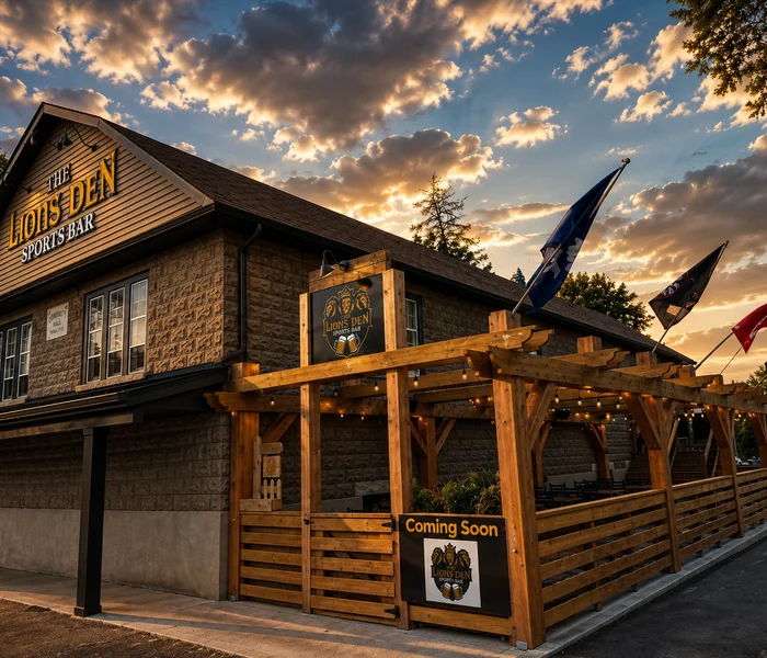 The Lions Den exterior at dusk